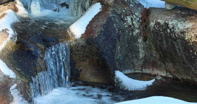 A miniature waterfall cascades over snow-covered rocks, creating a serene winter landscape. The icy formations add a touch of magic to the scene. High Tatras National Park, Slovakia, Europe.