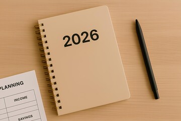 financial planning stationery with beige minimalist notebook 2026 and black pen macro desk shot.