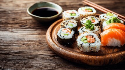 Sushi arrangement showcasing Japanese cuisine: capturing the elegance of food and Japanese culture.