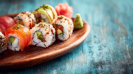 A vibrant, top-down view showcases an artfully arranged selection of sushi rolls. The image is filled with detail, texture, and color.