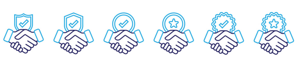Business partnership handshake icons. Symbols of agreement, trust, teamwork, and professional collaboration in vector style.