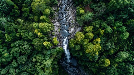 A breathtaking aerial panorama captures the verdant allure of a forest. The image unveils a cascading waterfall and winding river amidst the dense emerald canopy.