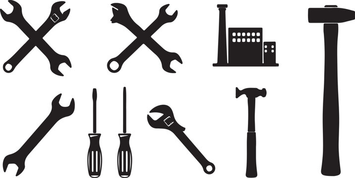 hand tools icon set with hammer, drill, saw, wrench and measure symbols, vector illustrations for construction, repair and diy projects