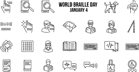 World Braille Day January 4 icons set. Blindness and visual impairment accessibility symbols collection for education and support.
