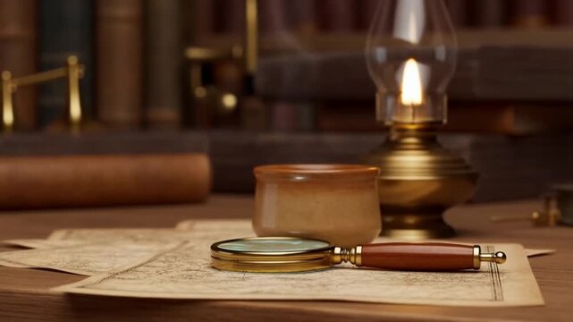 Magnifying glass over a yellowed map on a cluttered oak desk with a steaming cup and a lit oil lamp against a blurred background of books and brass instruments, concept of focused research and learnin