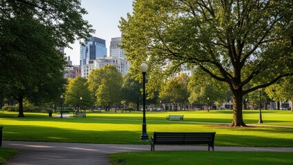 Sunny day in urban park with lush greenery and city buildings in the background