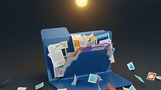 Digital folder bursting with colorful images and documents under a bright sun, showcasing creativity