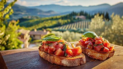 Tomato bruschetta served on a wooden board in a sunny vineyard