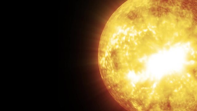 Bright, glowing sun in a starry space background, radiating light and warmth, showcasing its vibrant yellow color and solar flares.