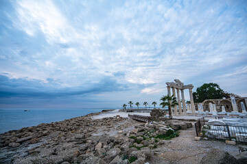 The scenic views of the  exquisite Temple of Apollo stands proudly in Side Old Town on the tip of the peninsula near the beach, Antalya, Turkey
