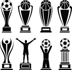 Vector Silhouettes of Sports Trophies and Winning Champion Figures, Including Football and Basketball Awards, for Tournament Success, Victory, and Achievement Design Elements