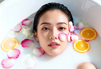 Beautiful young woman relaxing in a luxury milk bath with rose petals and citrus orange slices, representing natural skincare, professional beauty treatment, and holistic wellness spa therapy