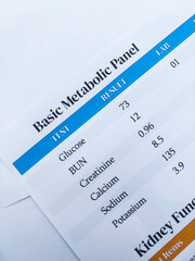 Basic Metabolic Panel report close up on the paper top view medical record background