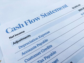 Business Cash flow statement record concept background top view. Net income, depericiation expense.