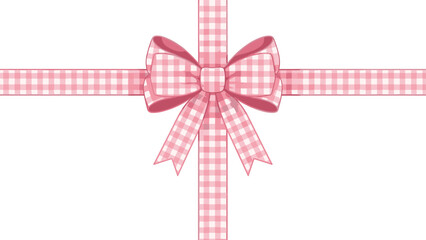 Pink checkered ribbon bow illustration with cross wrapping isolated for gift decoration birthday celebration greeting card design concept