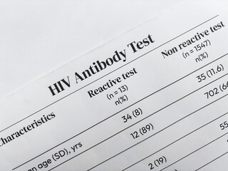HIV antibody test report showing result and reference value health care concept backdrop.