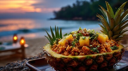 Exotic pineapple fried rice served on a tropical beach at sunset.