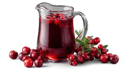 Glass pitcher of red cranberry juice and fresh berries on white