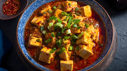 Flavorful spicy mapo tofu with silky cubes of tofu in a rich, savory sauce, garnished with fresh scallions for an authentic Chinese dish. Culinary delight concept