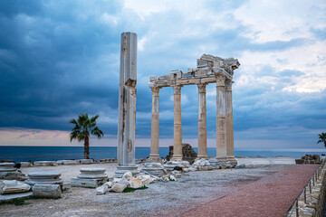 The scenic views of the  exquisite Temple of Apollo stands proudly in Side Old Town on the tip of the peninsula near the beach, Antalya, Turkey
