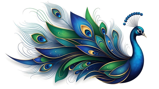 Elegant peacock illustration with vibrant blue and green feathers on transparent background