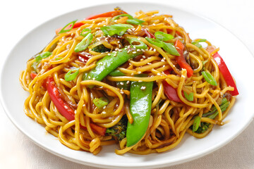 Colorful Chinese vegetable lo mein stir fried with noodles, peppers, and green onions highlighted on a plate. Food concept