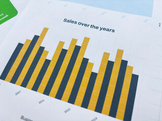 Sales over the year with graph bars backdrop in yellow and green.