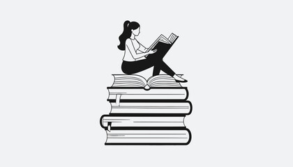 Woman sitting on stack of books reading a book