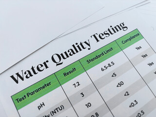 Water quality testing report close up top view copy background environment concept.