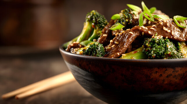 Flavorful Chinese beef stir fry with fresh broccoli and green onions garnished with sesame seeds in a bowl