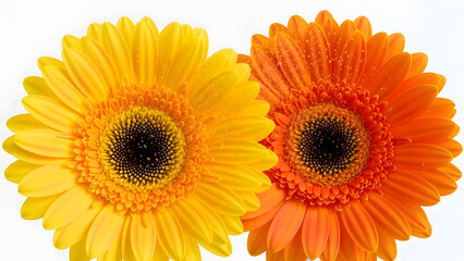 Obraz premium Two vibrantly colored gerbera daisies a bright yellow and a rich orange are shown with dew drops on their petals and dark centers against a white background
