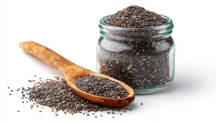 Chia seeds are neatly displayed in a glass jar and wooden spoon