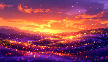 Fototapeta premium 夕暮れの空と輝く光の波が広がるファンタジー背景
