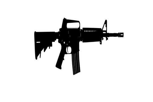 Monochrome close-up of an AR-15 style rifle, dramatic lighting, detailed metal texture, dark background, professional stock photo
