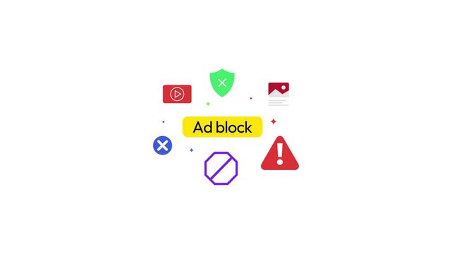 Ad block infographics floating on the screen 4k animation close up with white backdrop.