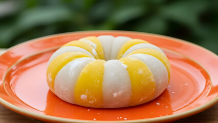 A brightly colored ring shaped dessert with alternating yellow and white segments sits on an orange plate with a blurred green background