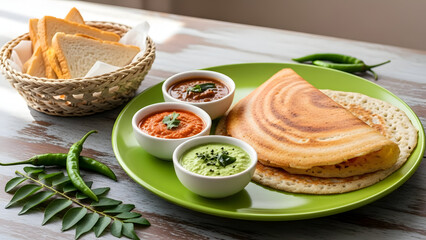 A delicious dosa served with assorted chutneys and sliced bread in a woven basket accompanied by fresh green chilies and curry leaves a perfect South Indian breakfast spread
