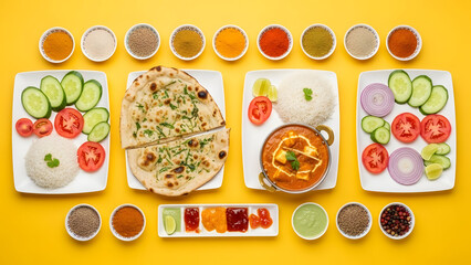 Vibrant spread of Indian cuisine featuring naan rice curry and an assortment of colorful spices and condiments
