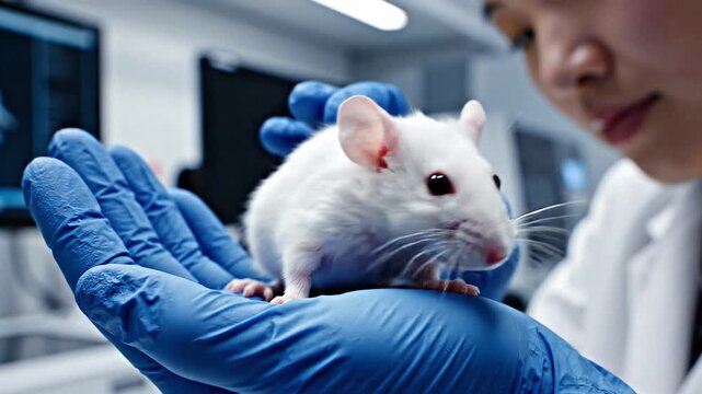 Scientist examines a white mouse in a lab setting with a focus on research and observation in a controlled environment