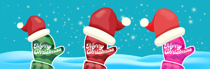 Merry Christmas horizontal banner and flyer vector design with cute kids warm red mittens on snowy hills landscape background and greeting text. Vector merry Christmas cartoon banner with gloves