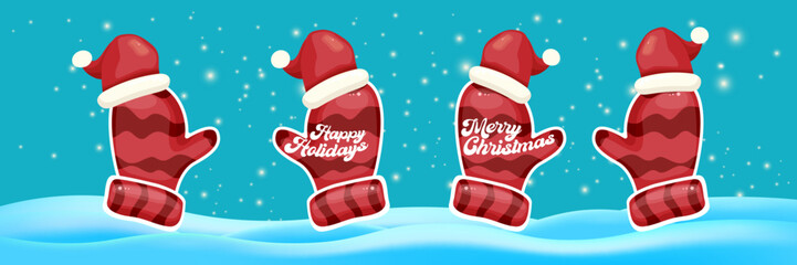 Merry Christmas horizontal banner and flyer vector design with cute kids warm red mittens on snowy hills landscape background and greeting text. Vector merry Christmas cartoon banner with gloves