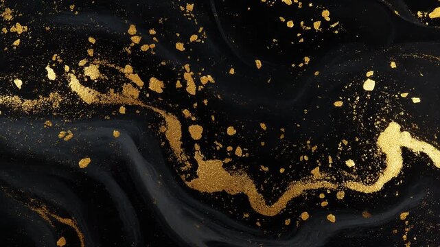 Luxurious black lacquer background with floating gold leaf and glitter fragments in traditional Japanese aesthetic style