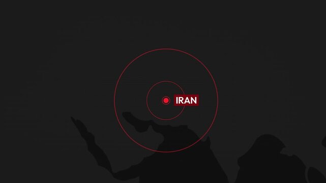 Breaking news and earthquake concept blinking dot on the Iran with world map 4k animation.