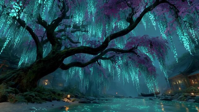 A magical forest with a glowing willow tree and mystical river. Symbolizes fantasy, serenity, and enchantment. Ideal for game worlds, meditation backgrounds, and cinematic intros.