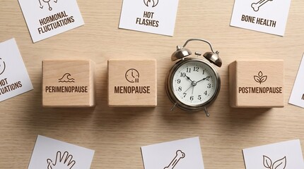 Menopause timeline concept. Wooden cubes labeled 'Perimenopause' 'Menopause' and 'Postmenopause' with a single alarm clock on wooden desk