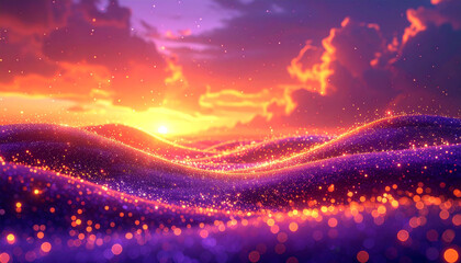 燃えるような夕焼け雲とグリッターの波の華やかな背景