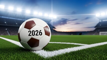A vibrant football with the year 2026 marked, poised on a stadium corner, symbolizing the eagerly anticipated future global championship event
