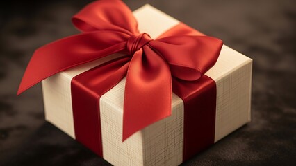 Obraz premium Elegant white gift box with a textured pattern wrapped in a vibrant red satin ribbon and a large decorative bow