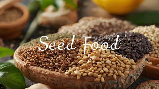 A close-up view of diverse seeds, including flaxseed and sesame, presented in wooden bowls