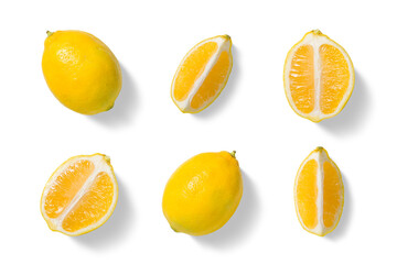 Set of fresh yellow lemon in various cuts, whole fruit, round slices, wedges, and cross sections isolated on a transparent background. For food design, packaging, beverages, natural ingredient visuals
